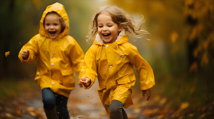 Smiling little children in yellow raincoat runs in puddle an autumn walk