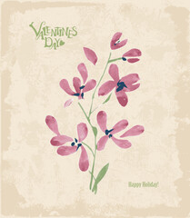 watercolor flower orchid against grunge paper background. ink as