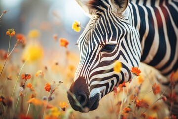 Fototapeta na wymiar zebra eating with colorful wildflowers around