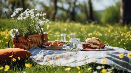 Fototapeten A colorful picnic spread with a slice of cake, ripe strawberries, and a lush meadow dotted with yellow buttercups and white daisies. © logonv