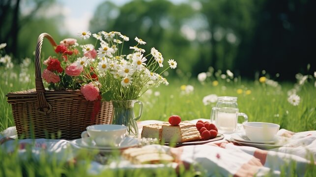 A wicker picnic basket alongside a delicious cake, fresh strawberries, and wildflowers set for a leisurely summer picnic in a sunlit meadow.