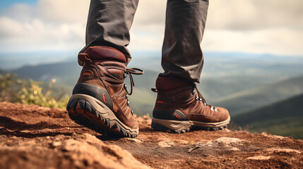 Man hiking up mountain trail, leather hiking boots close up shot - obrazy, fototapety, plakaty