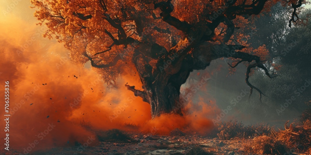 Poster A picture of a large tree with orange smoke emanating from it. This image can be used to depict an eerie or mysterious atmosphere