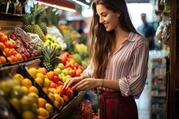 Obraz premium Young woman standing and buying fruits in fruit street shop