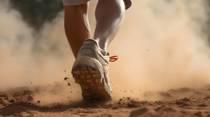 Obraz premium Rear view closeup of sport shoe of racer running on trail with dust