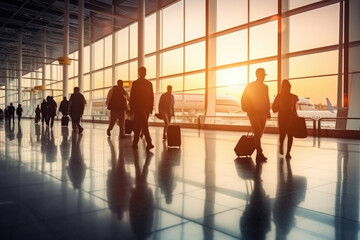 Airport with silhouettes of many travelers at sunset