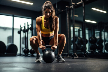 Fototapeta na wymiar Sport woman with kettlebell in the gym