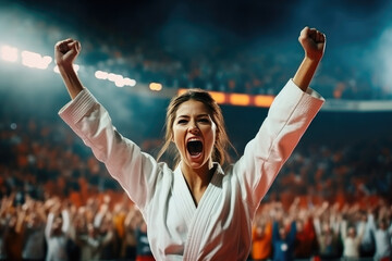 karate woman in a white uniform rejoices after winning a tournament in a stadium filled with...