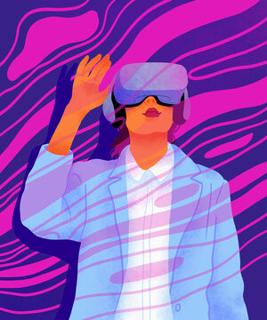 Curious businesswoman using VR headset
