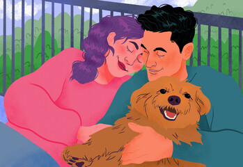 Happy, affectionate couple cuddling with dog on balcony
