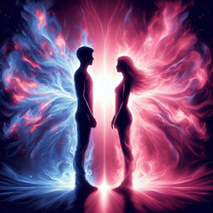 Twin flame couple. Soulmates. The concept of magical, esoteric, tantric, spiritual love. Connection between souls. Illustration for websites and much more. Created using generative ai tools
