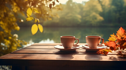 Naklejka na ściany i meble Two tea cups and fall leaves on wooden table with beautiful autumn forest lake in the background