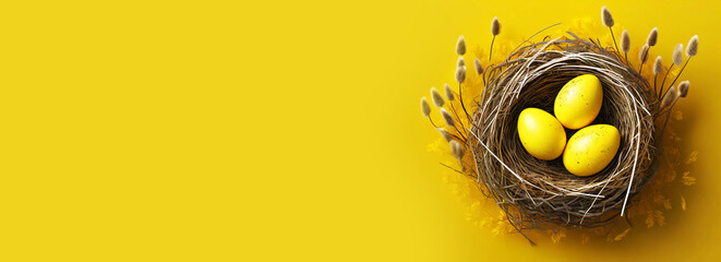 Closeup of a group three yellow Easter eggs in a bird nest against a yellow and orange background with copy space. Template for a Easter greeting card. Generative Ai. - obrazy, fototapety, plakaty