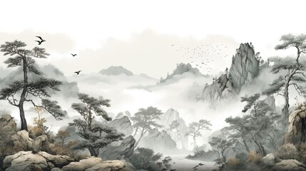 Chinese Ink Landscape Wallpaper Wall Mural - obrazy, fototapety, plakaty