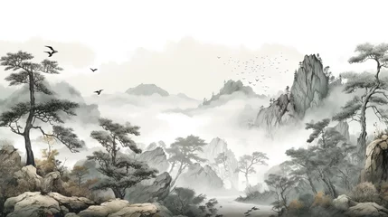 Sierkussen Chinese Ink Landscape Wallpaper Wall Mural © Fatih