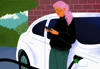 Woman with smart phone charging electric car at charging station
