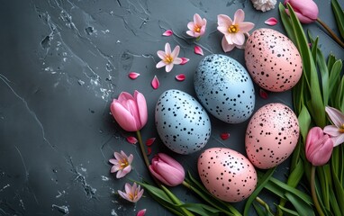 Colorful Speckled Easter Eggs and Pink Tulips on a Dark Textured Background