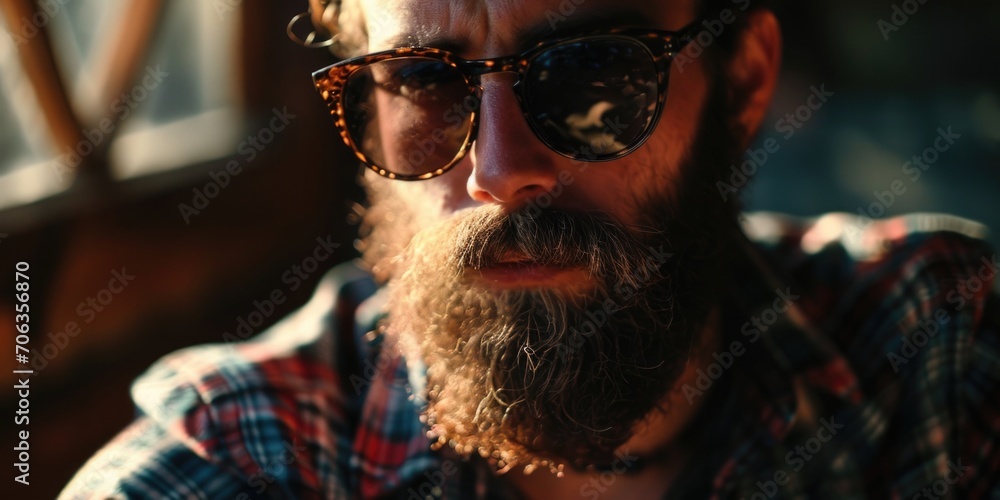Poster a man with a beard wearing sunglasses and a plaid shirt. this versatile image can be used in various