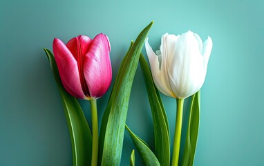 Vibrant Pink and White Tulips Set Against Turquoise Background