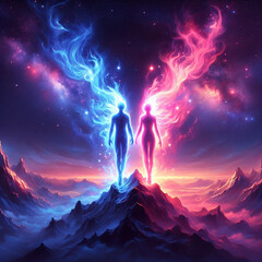 Twin flame couple. Soulmates. The concept of magical, esoteric, tantric, spiritual love. Connection between souls. Illustration for websites and much more. Created using generative ai tools - obrazy, fototapety, plakaty