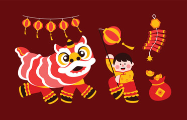 Lion dance, chinese new year elements in modern minimalist geometric style. Colorful illustration in flat vector cartoon style. Cute chinese boy in lion costume on red isolated background.