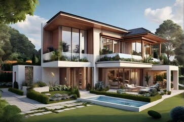 Fototapeta premium House with beautiful garden, green house,