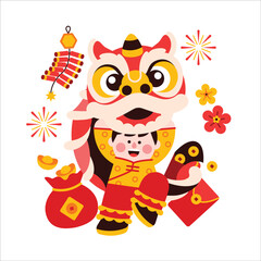 Lion dance, chinese new year elements in modern minimalist geometric style. Colorful illustration in flat vector cartoon style. Cute chinese boy in lion costume on white isolated background.