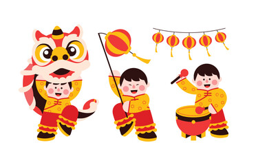 Lion dance, chinese new year elements in modern minimalist geometric style. Colorful illustration in flat vector cartoon style. Cute chinese boy in lion costume on white isolated background.