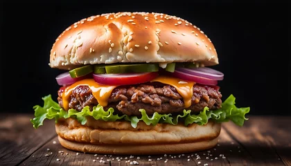 Fotobehang Fresh tasty cheese burger isolated on black. Fresh food. Tasty fast food. Meat Burger - AI Generative. © Md Abidur Rahman