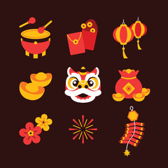 Chinese new year elements in modern minimalist geometric style. Colorful illustration in flat vector cartoon style. Cute chinese objects, elements on red isolated background. Dragon year.