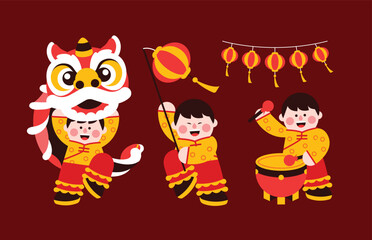 Fototapeta premium Lion dance, chinese new year elements in modern minimalist geometric style. Colorful illustration in flat vector cartoon style. Cute chinese boy in lion costume on red isolated background.
