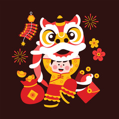 Lion dance, chinese new year elements in modern minimalist geometric style. Colorful illustration in flat vector cartoon style. Cute chinese boy in lion costume on red isolated background.