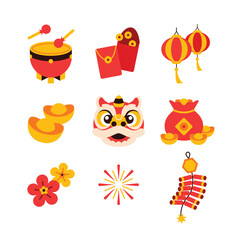 Chinese new year elements in modern minimalist geometric style. Colorful illustration in flat vector cartoon style. Cute chinese objects, elements on white isolated background. Dragon year.