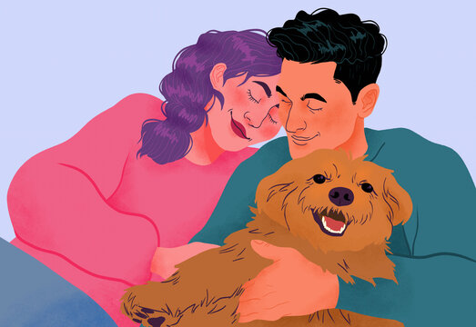 Serene, affectionate couple cuddling with dog

