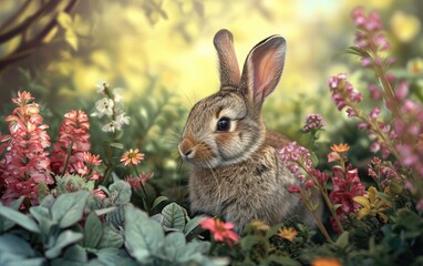 Wild Rabbit Sitting Amongst Vibrant Daisies in a Spring Meadow