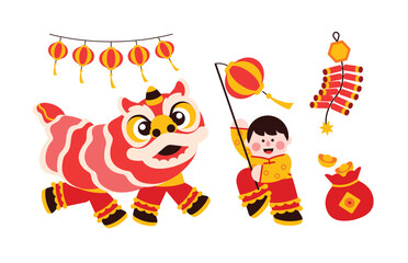 Lion dance, chinese new year elements in modern minimalist geometric style. Colorful illustration in flat vector cartoon style. Cute chinese boy in lion costume on white isolated background.