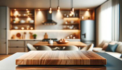 Empty beautiful wooden tabletop and blurred background of modern kitchen interior