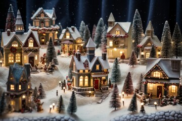 Photo of a snowy Christmas village with twinkling lights. Generative AI