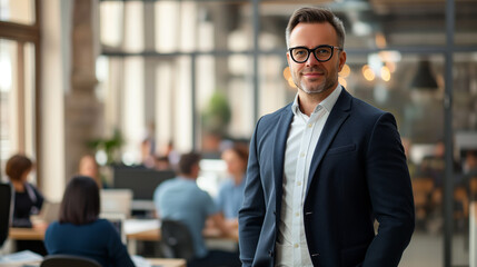Young business man with glasses wearing suit standing in open space office and looking at camera. Smiling businessman professional executive at work. Copy space. - obrazy, fototapety, plakaty