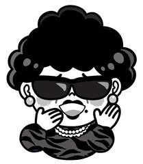 元気なおばちゃんの白黒イラスト