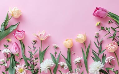 A vibrant assortment of various flowers arranged on a soft pink backdrop with copy space