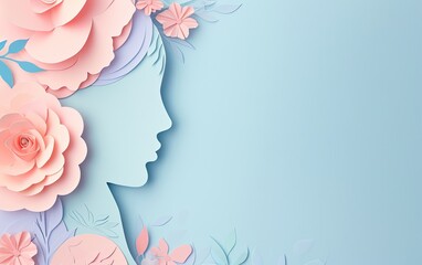 8th of March Women's Day background with paper cut silhouette of a female face, hair decorated with flowers, pastel-colored with copy space 