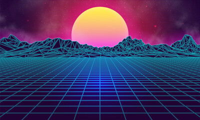 Futuristic landscape with mountains and sunset. 80s retro neon concept. Vector illustration.