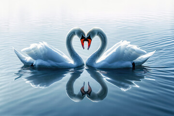 Two white swan couple in love. A picture of two swans in the pond. The concept of love, loyalty and devotion
