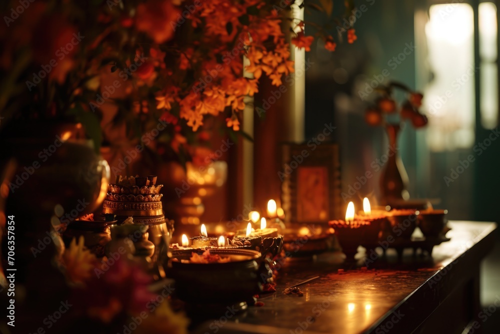 Poster A bunch of candles arranged on a table. Perfect for creating a cozy atmosphere or for use in a romantic setting
