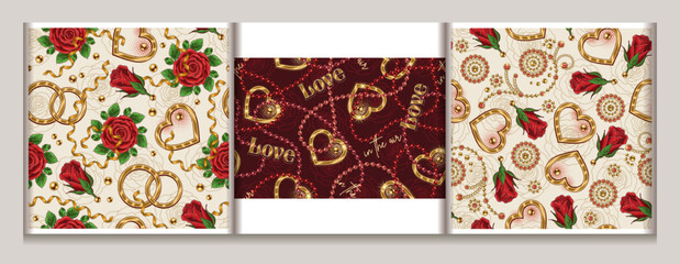 Valentines day seamless patterns with romantic symbols, roses, hearts, gemstones, bead strings. For wedding, engagement event, Valentines Day, gift decoration. Vintage style.