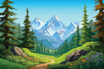illustration vector of mountain and green forest landscape with trees, wallpaper background