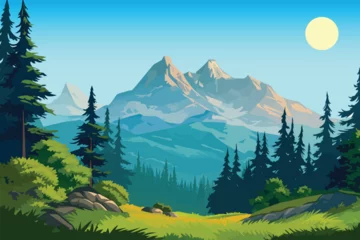 Foto auf Alu-Dibond illustration vector of mountain and green forest landscape with trees, wallpaper background © Arash