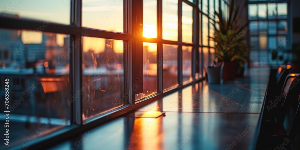 Poster the sun is setting and casting a beautiful light through the windows of a building. perfect for arch