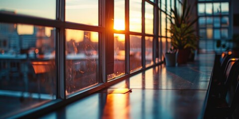 The sun is setting and casting a beautiful light through the windows of a building. Perfect for architectural and cityscape themes - Powered by Adobe